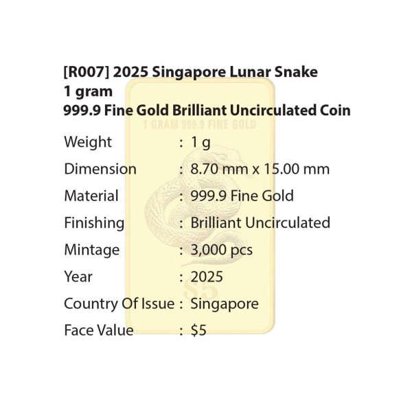 [The Singapore Mint] 2025 Singapore Lunar Snake 1 gram 999.9 Fine Gold Brilliant Uncirculated Coin (R007) by MAS Supply