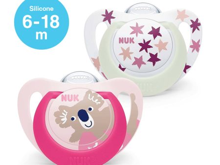 NUK Star Day & Night Silicone Soother Pacifier 2pc-box - 6-18 months - Pink Koala Sale