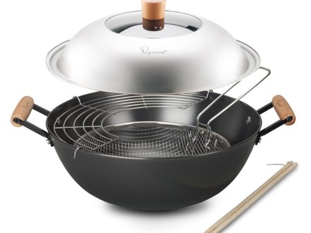 La gourmet 34cm Nitrigan Cast-Iron Deep Wok with Lid & Accessories For Discount