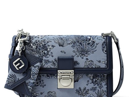 FION Leather-Trimmed Under-The-Sea Jacquard Shoulder Bag - Blue Discount